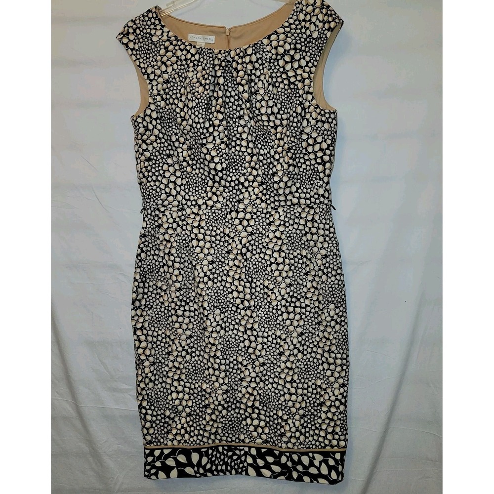 London Times Womens Size 12 Black Tan Leaf Print Sleeveless Sheath Dress Lined